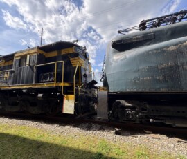 This General Electric E33 and Pennsylvania Railroad GG1 have undoubtedly locked couplers many times in the Penn Central-era. In 2026, these veterans are together again, now on display at the Virginia Museum of Transportation, with the E33 wearing her original Virginian paint and the GG1 now having a PRR keystone restored at one end. (Phil Bell Photo, 5/31/26)